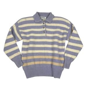 Vintage Shetland Wool Striped Polo-Style Sweater Lavender Cream 80s Small